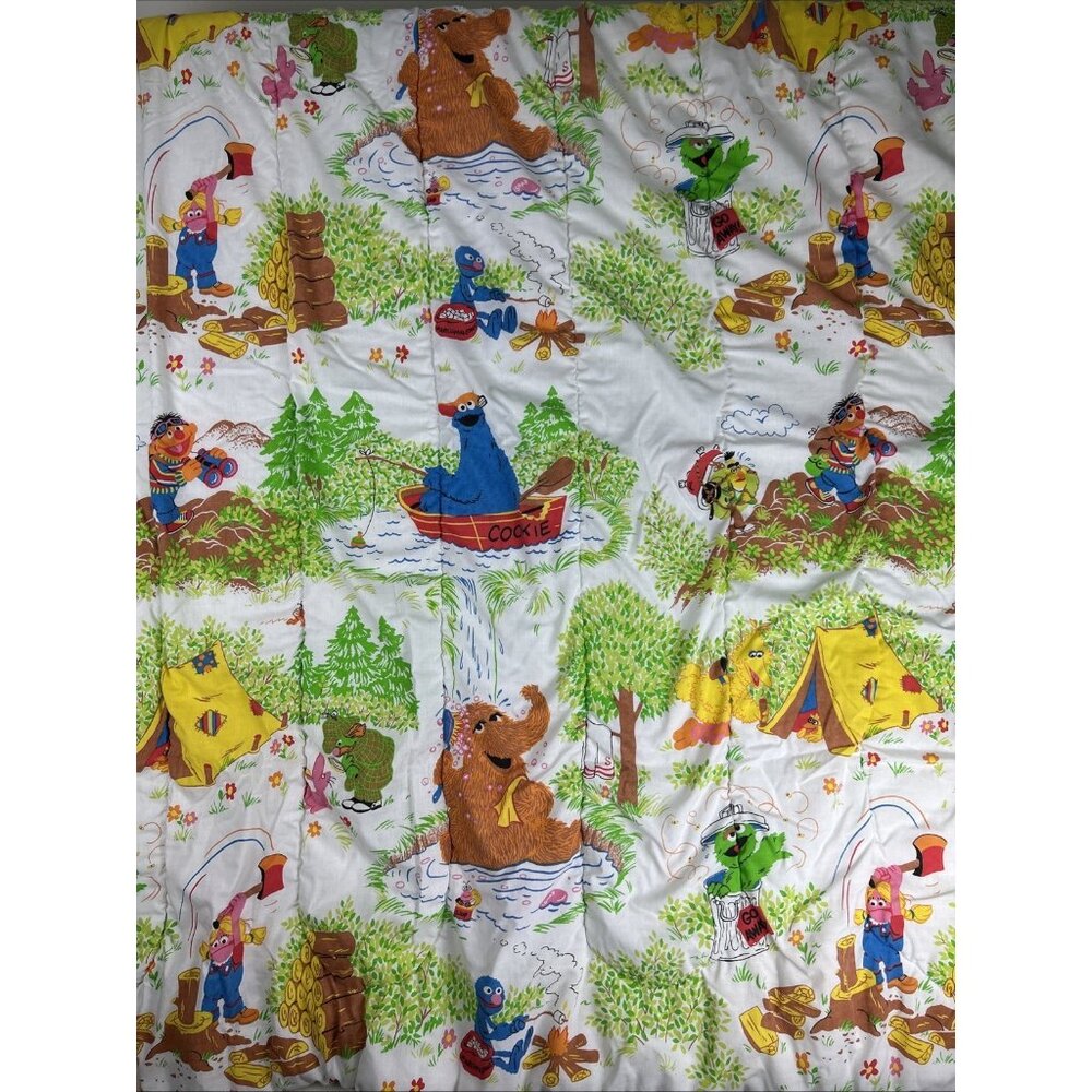VINTAGE SESAME STREET Comforter Full 1970s 80s Camping Big Bird Cookie Monster